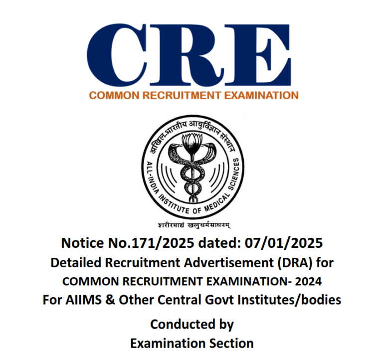 AIIMS Common Recruitment Exam for AIIMS (CRE-AIIMS) Group B & C Recruitment 2024 AIIMS CRE Notice No.171/2025 : Short Details of Notification