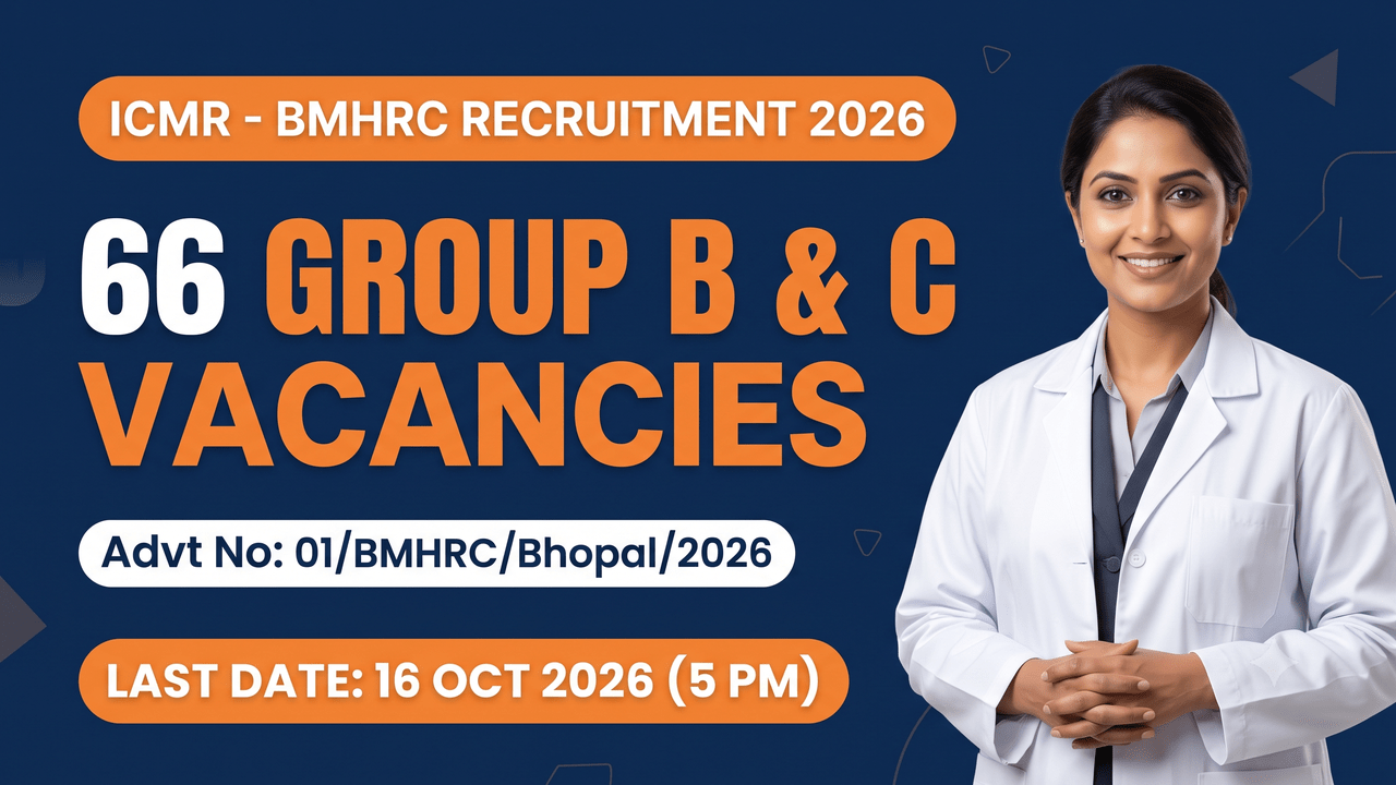 ICMR-Bhopal Memorial Hospital & Research Centre, 66 Group B and C posts, Advt 01/BMHRC/Bhopal/2026, last date 16 October 2026 5 PM.