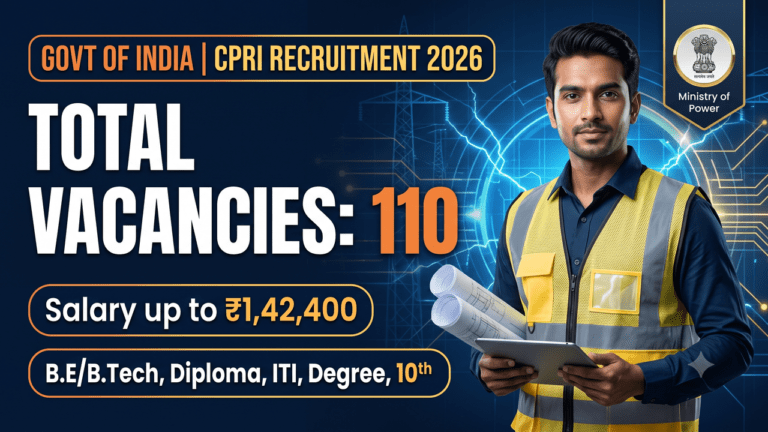 Central Power Research Institute recruitment 2026, about 110 posts, salary up to ₹1,42,400, qualifications 10th through B.E/B.Tech.