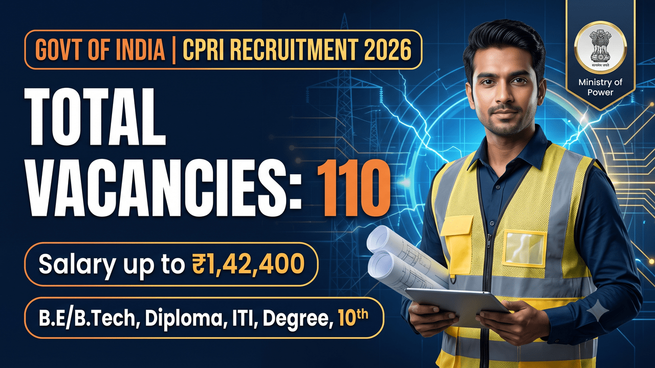 Central Power Research Institute recruitment 2026, about 110 posts, salary up to ₹1,42,400, qualifications 10th through B.E/B.Tech.