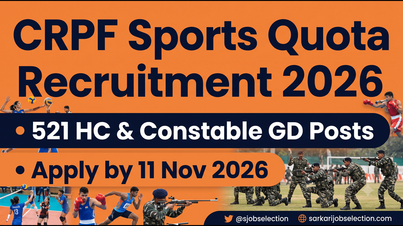 CRPF Sports Quota Recruitment 2026 thumbnail showing 521 HC and Constable GD posts with application deadline 11 November 2026.