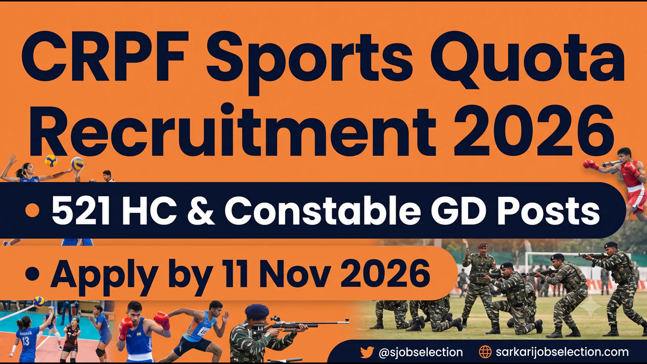 CRPF Sports Quota Recruitment 2026 thumbnail showing 521 HC and Constable GD posts with application deadline 11 November 2026.