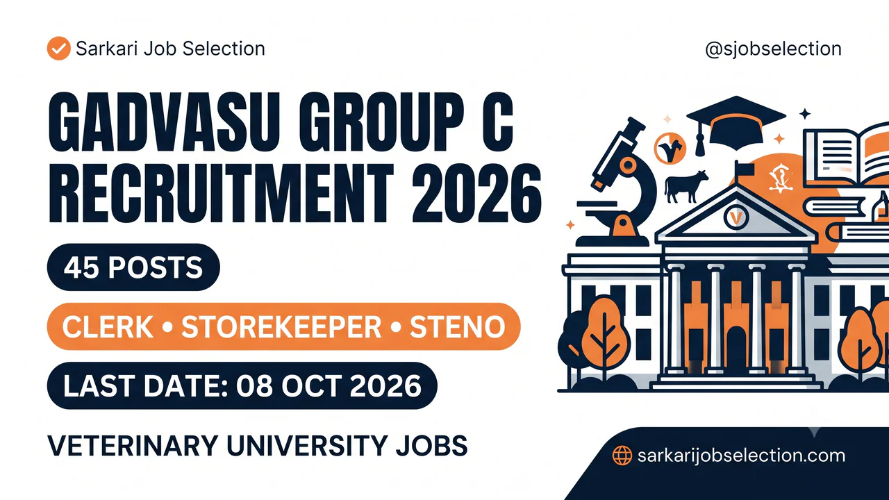 GADVASU Group C recruitment thumbnail for 45 Clerk, Storekeeper and Steno posts, last date 08 Oct 2026.