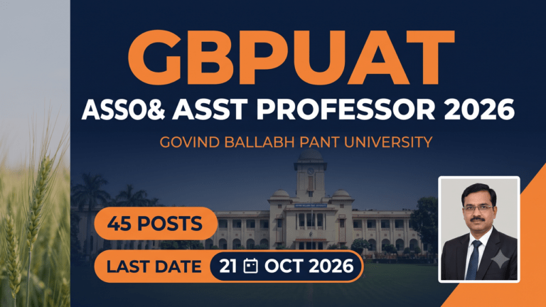 GBPUAT Associate and Assistant Professor 2026 recruitment thumbnail for Govind Ballabh Pant University, 45 posts, last date 21 October 2026.