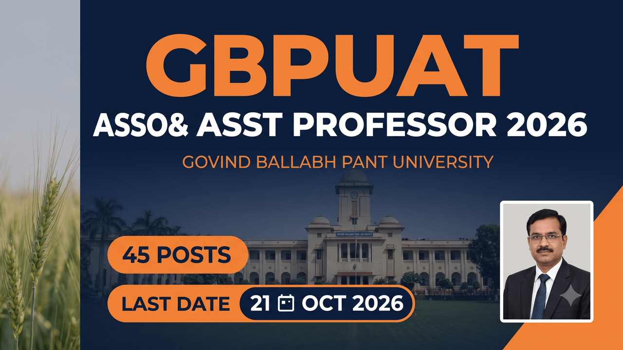 GBPUAT Associate and Assistant Professor 2026 recruitment thumbnail for Govind Ballabh Pant University, 45 posts, last date 21 October 2026.
