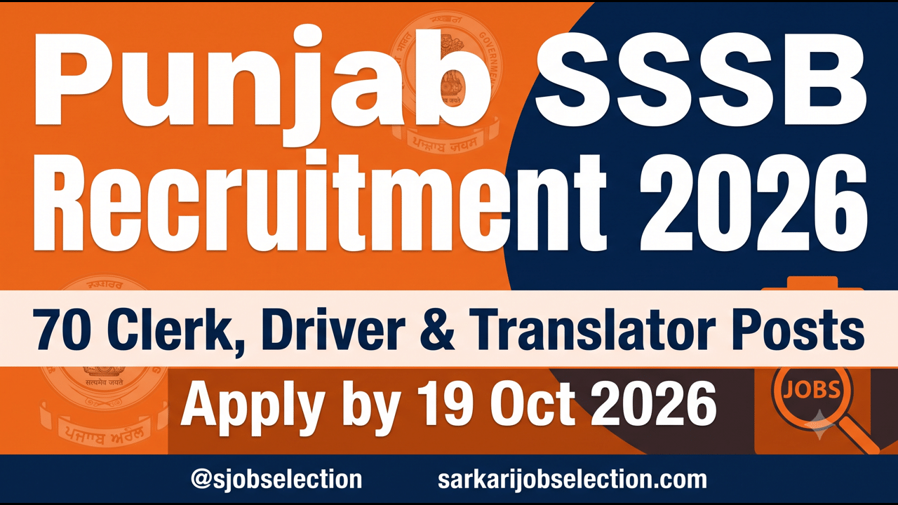 Punjab SSSB Recruitment 2026 thumbnail showing 70 Clerk, Driver and Translator posts with application deadline 19 October 2026.
