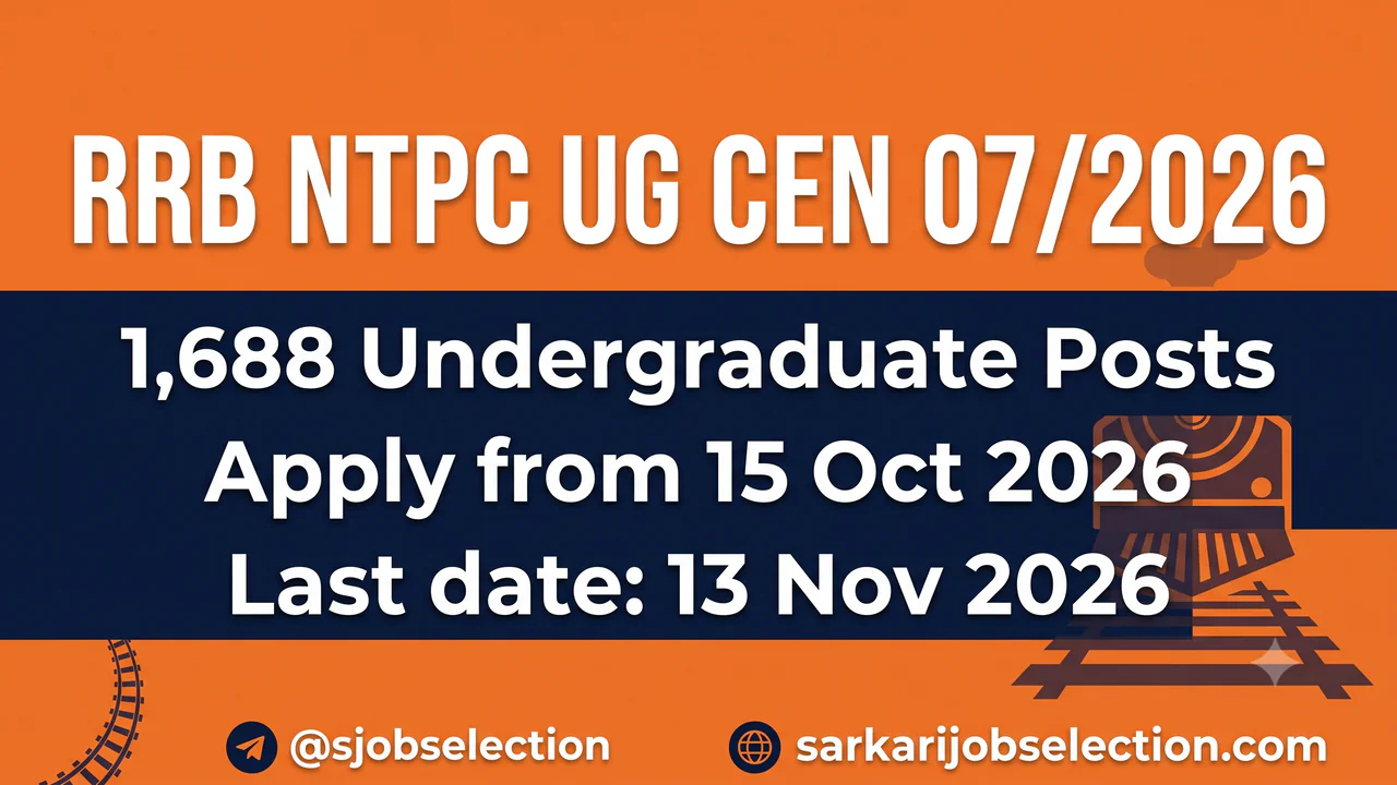 RRB NTPC UG CEN 07/2026, 1,688 undergraduate posts, apply from 15 Oct 2026; last date 13 Nov 2026.