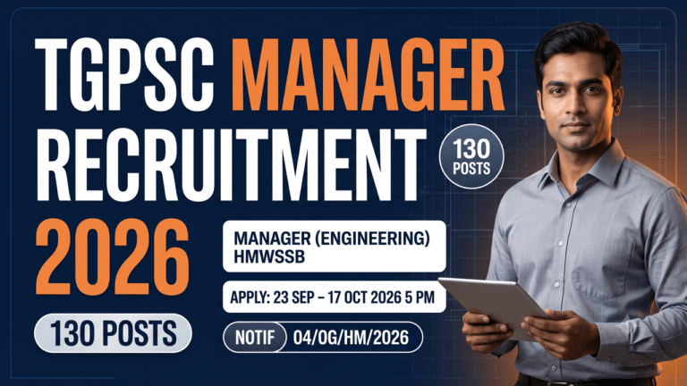 TGPSC Manager (Engineering) HMWSSB, 130 posts, apply 23 September–17 October 2026 5 PM, Notification 04/OG/HM/2026.