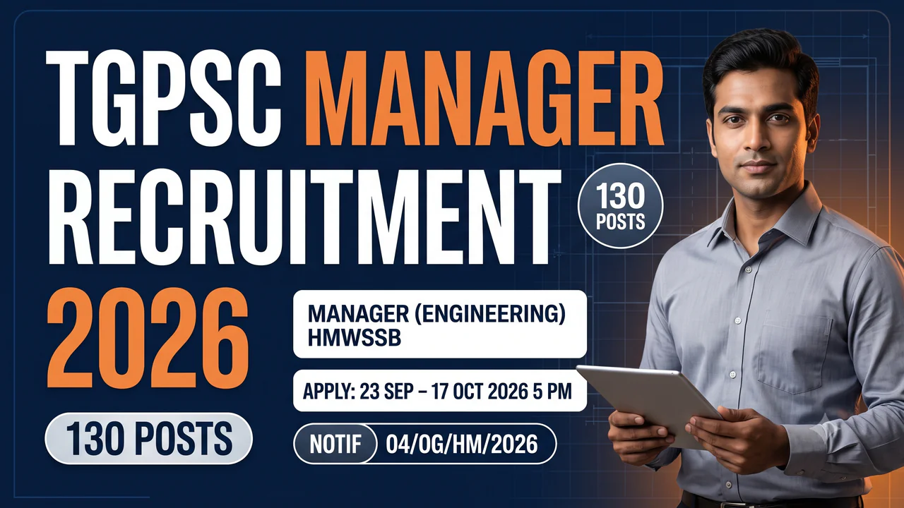 TGPSC Manager (Engineering) HMWSSB, 130 posts, apply 23 September–17 October 2026 5 PM, Notification 04/OG/HM/2026.