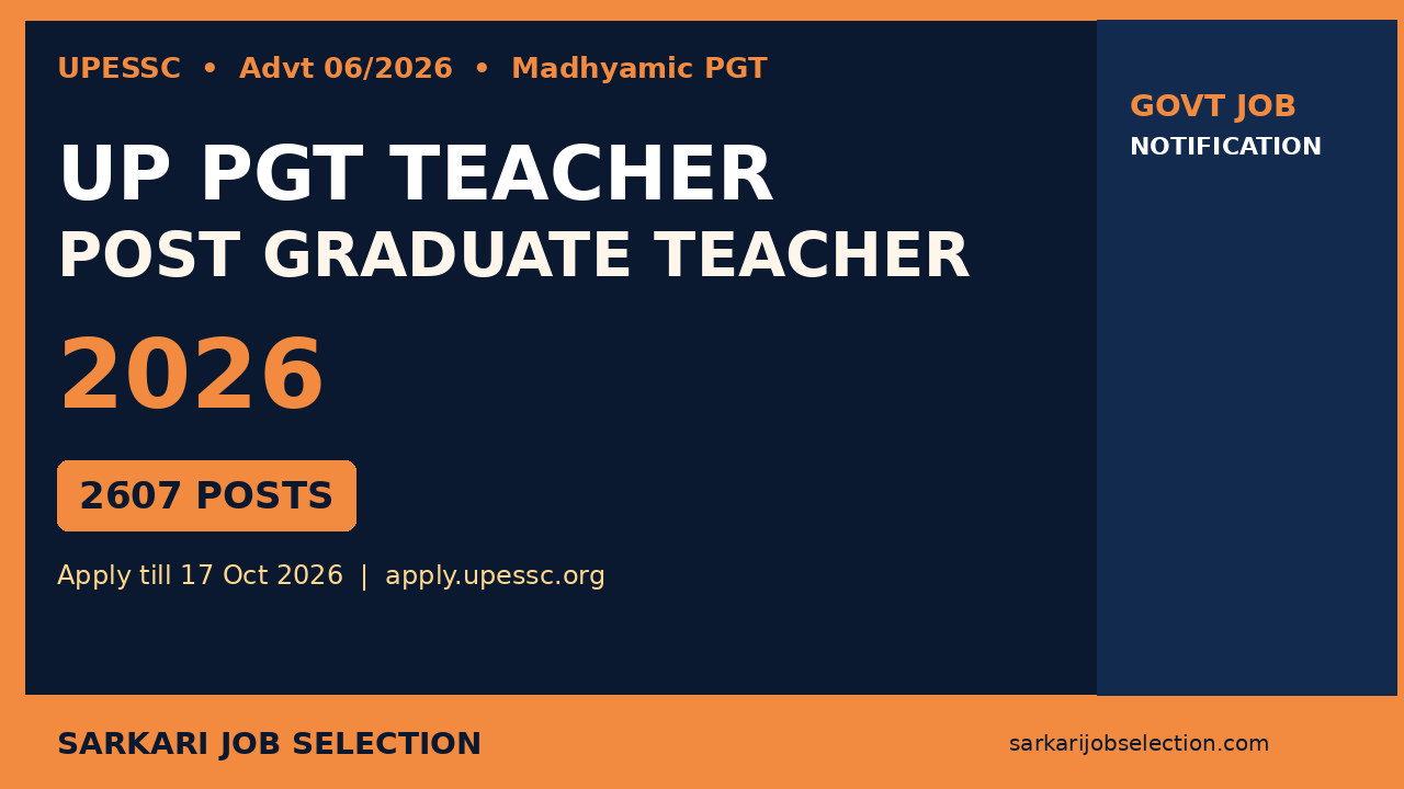 UPESSC UP Post Graduate Teacher PGT Recruitment 2026 – 2607 Vacancies Advt 06/2026