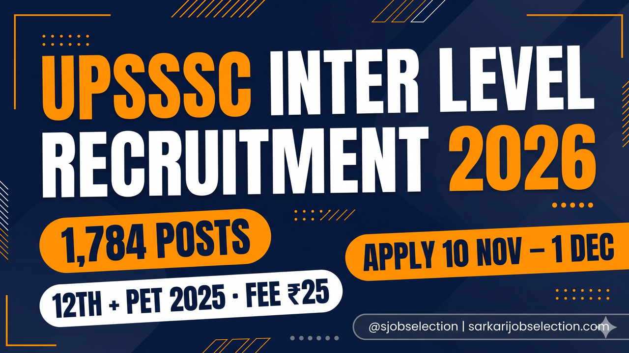 UPSSSC Inter Level 2026 | 1,784 Posts | 12th + PET 2025 | Apply 10 Nov–1 Dec | Fee ₹25
